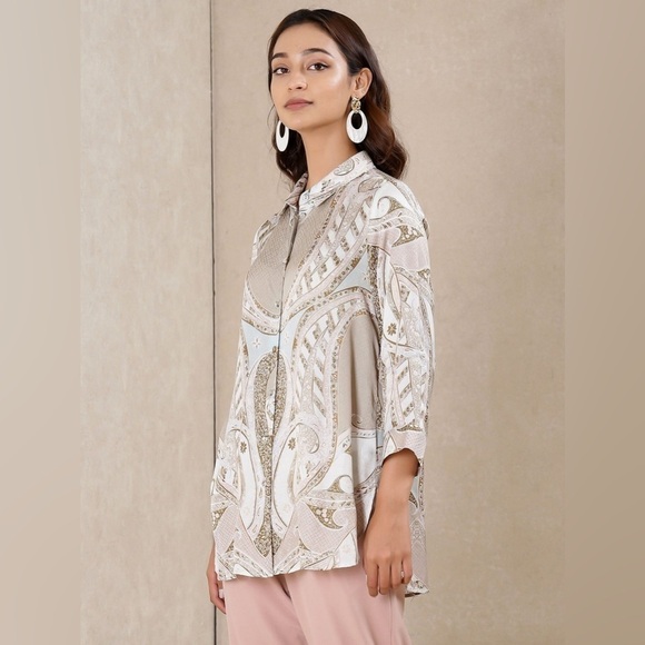 Ritu Kumar Paisley Satin Relaxed Button Down Shirt 3/4 Sleeves S - Picture 1 of 13